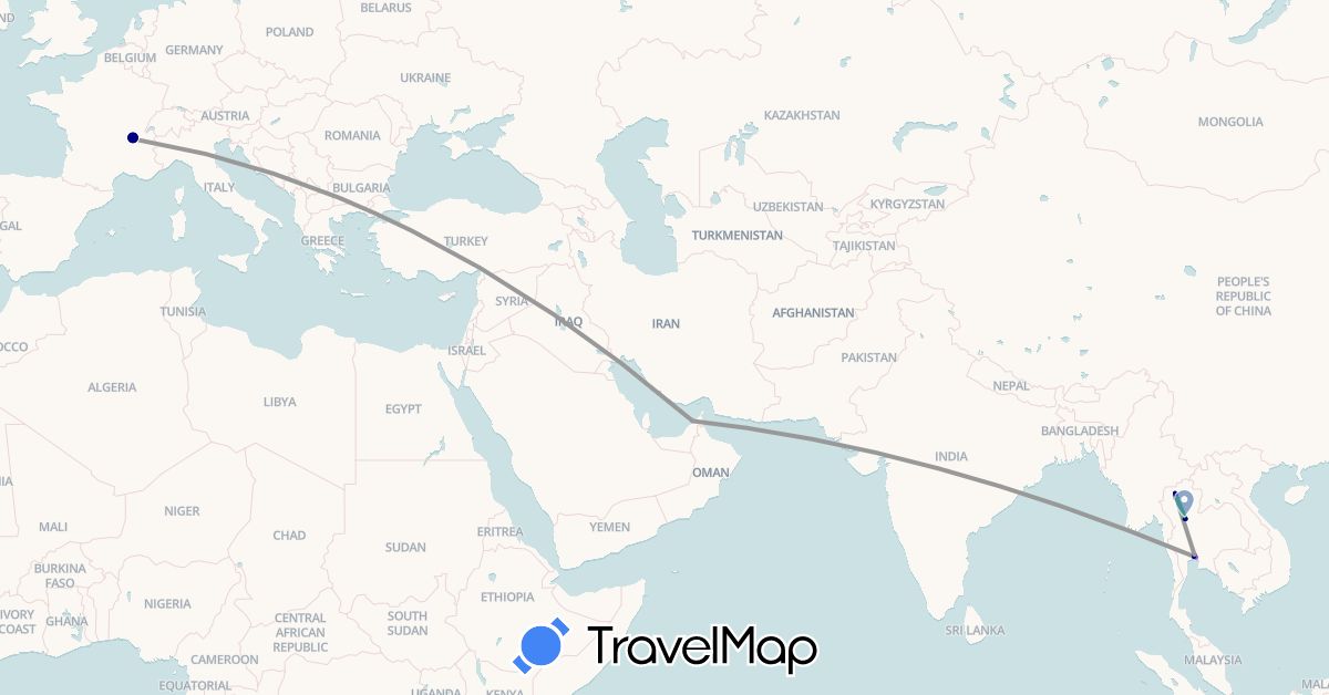 TravelMap itinerary: driving, bus, plane, cycling, train, hiking, motorbike in United Arab Emirates, France, Thailand (Asia, Europe)